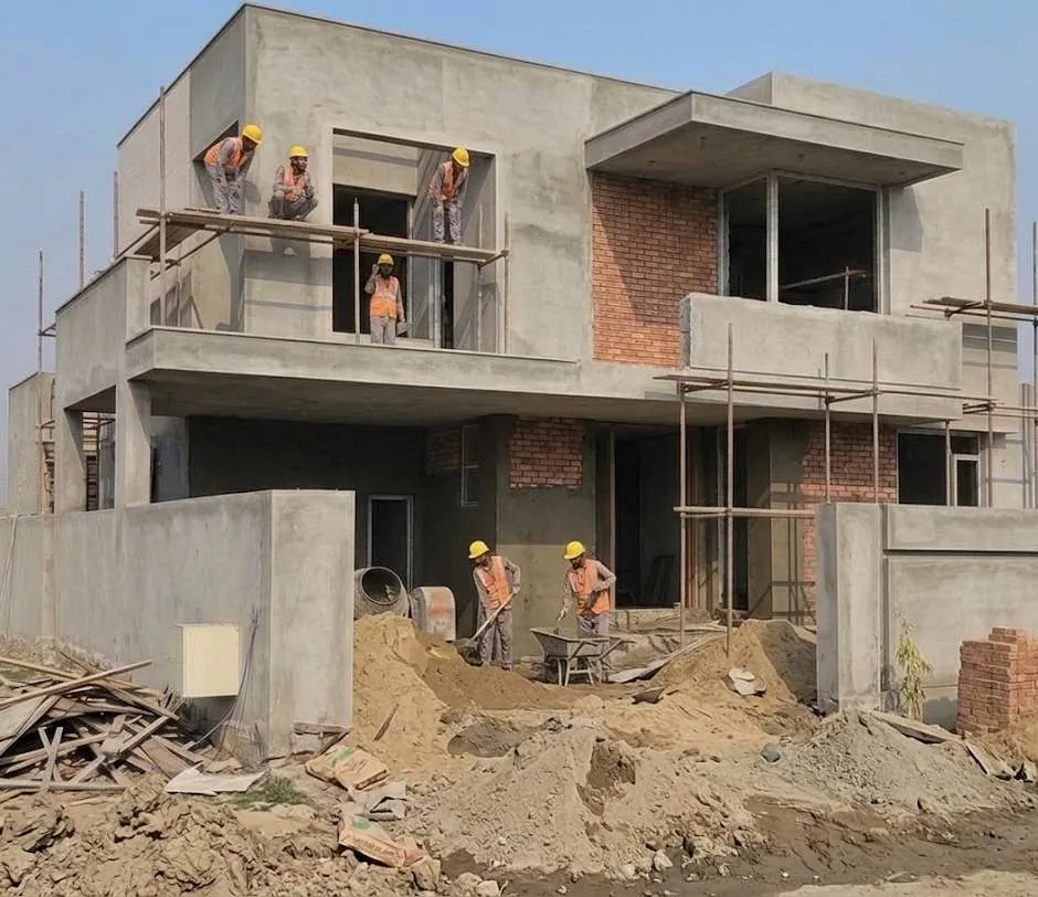 House under construction with site workers in M Block, DHA Phase 5, Lahore