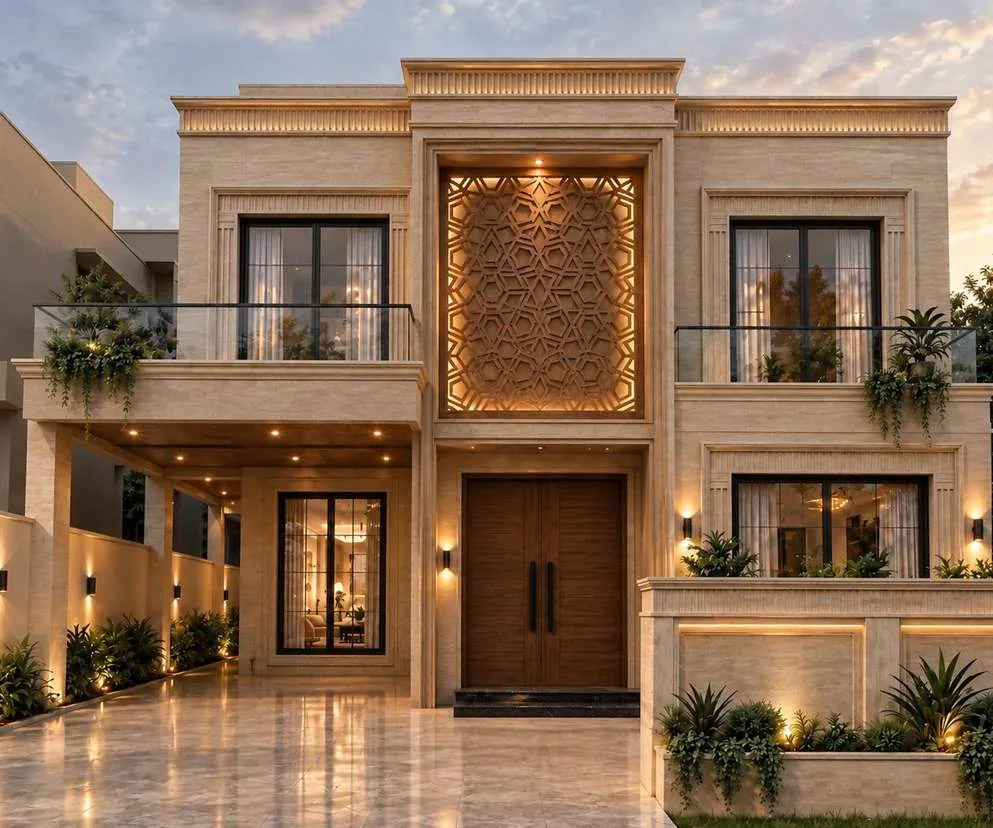 Design render of a stone-clad house with a patterned feature panel in DHA Phase 8, Lahore