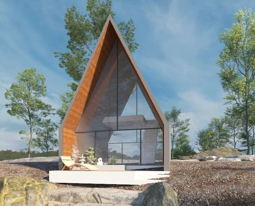 3D render of an A-frame resort cabin with timber cladding in Gilgit