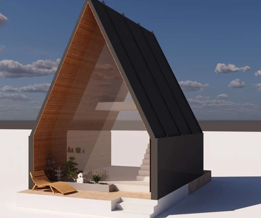 3D section render of an A-frame resort cabin in Gilgit