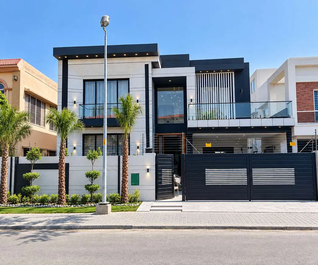 Finished modern house with dark gate and palm trees in Tipu Sultan Block, Bahria Town Lahore