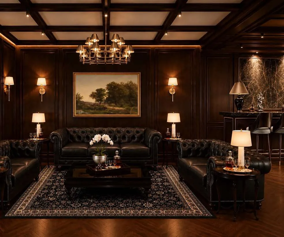 Design render of a dark wood-panelled lounge for an interior in Upper Mall, Lahore